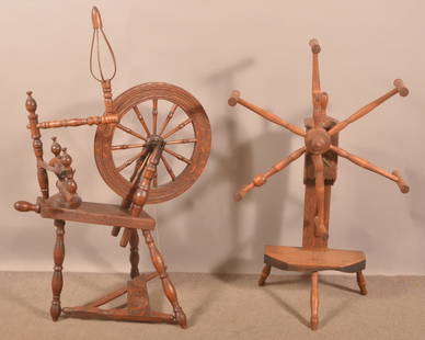 PA 19th Century Spinning Wheel and Wool Winder.: Pennsylvania 19th Century Mixed-Wood Spinning Wheel and Wool Winder. Both stamped "I.K.". 45" and 51"h.