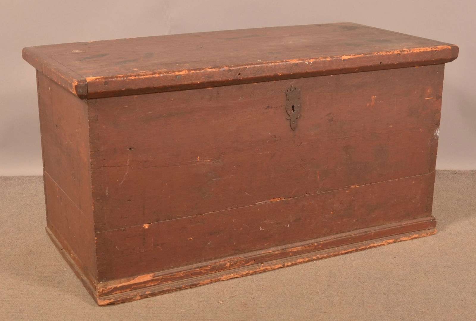 Pennsylvania Late 18th Century Softwood Dower Chest.: Pennsylvania Late 18th Century Softwood Dower Chest. Original red paint, molded lid, dovetailed case, shaped wrought iron strap hinges and key escutcheon with molded base. No sign of it ever having fe
