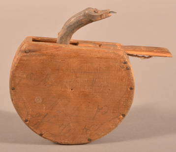 Antique PA Folk Art Carved Wood Snake Trick Box.: Antique Pennsylvania Folk Art Carved Wood Snake Trick Box. Slide lid and snake is revealed to prick your finger. Inscribed in pencil Albert F. Noss. 3-3/4"h. x 4-1/2'w.