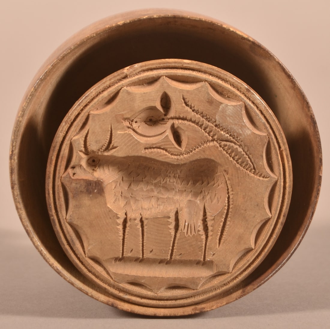 Antique Plunger-Type Carved Cow Butter Print. (1 of 3)