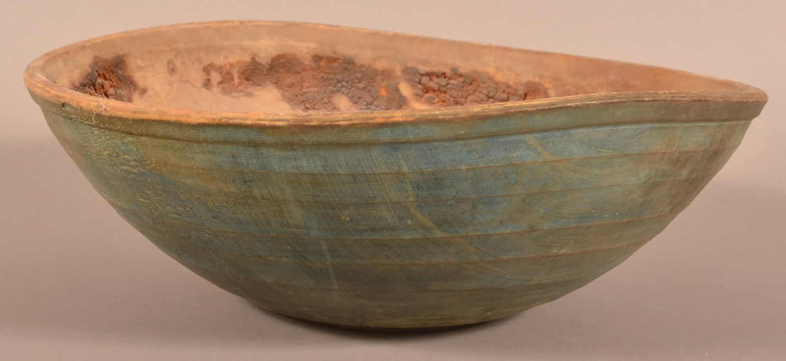 Antique Blue Painted Turned Wood Bowl. (1 of 4)