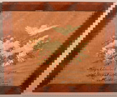 York County, Pa 1858 Pictorial Needlework Sampler.: York County, Pa 1858 Pictorial Needlework Sampler. With doves, floral and foliate motif. Signed "Mary Elizabeth Sneeringer, St. Joseph's School, McSherrystown, 1858". In a period burl mahogany veneer