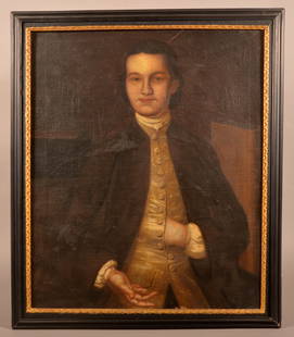 Early 19th C. Oil on Canvas Portrait of a Gentleman.: Early 19th Century Oil on Canvas Portrait of a Gentleman. Unsigned. 3/4 length portrait of a well dressed young man with his hand in vest. In an antique molded frame, 24" x 29" overall.