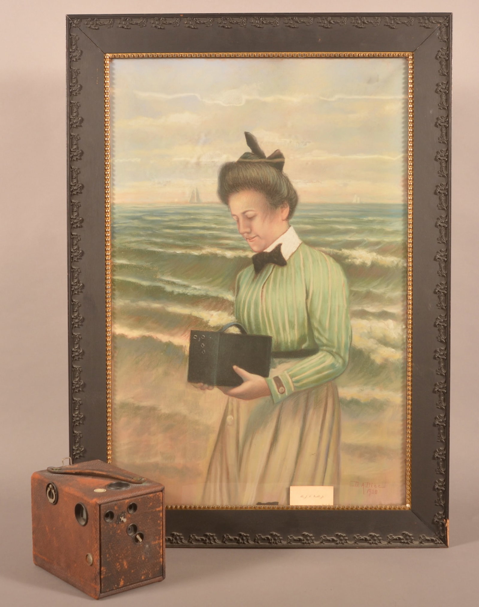 D.A. Dice 1900 Pastel-on-Cloth Painting of a Young Lady.: D.A. Dice 1900 Pastel-on-Cloth Painting of a Young Lady. Young lady holding a box camera and standing by a body of water is identified as Mary E. Kable by her Nephew Jack B. Kable, Jr. Accompanied wit