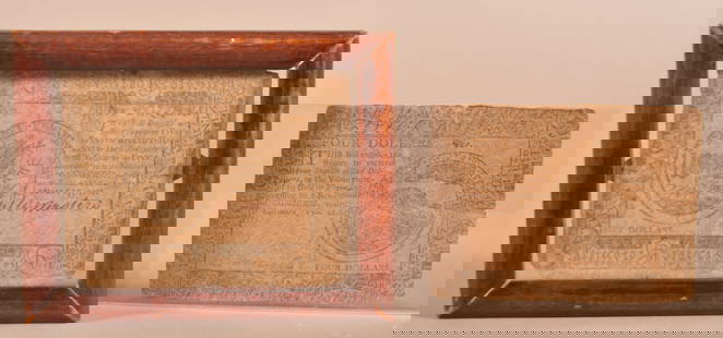 Baltimore and Philadelphia Colonial Currency Notes.: Baltimore and Philadelphia Colonial Currency Notes. $4 Baltimore note printed by Hall & Sellers 1777, and $5 Philadelphia note printed by Hall & Sellers 1776.