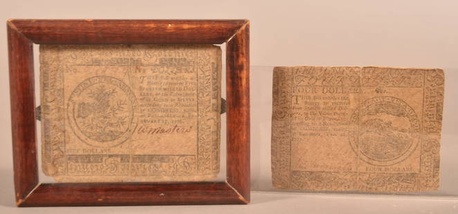 Baltimore and Philadelphia Colonial Currency Notes.: Baltimore and Philadelphia Colonial Currency Notes. $4 Baltimore note printed by Hall & Sellers 1777, and $5 Philadelphia note printed by Hall & Sellers 1776.