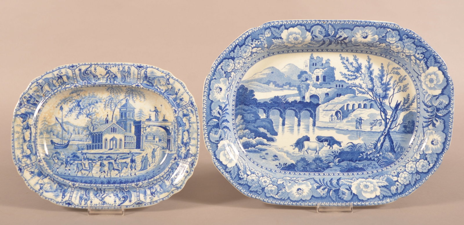 Two Staffordshire China Romantic View Platters.: Two Staffordshire China Romantic View Platters. 10-1/2" and 14"w.