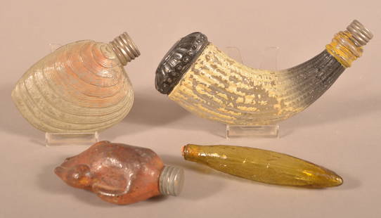 Four Antique Figural Glass Flasks.: Four Antique Figural Glass Flasks. Largest 8-1/2"l.