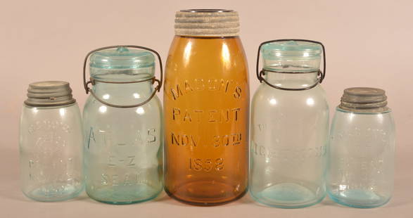 Five Various Antique Glass Canning Jars.: Five Various Antique Glass Canning Jars. including an amber quart Mason, Lightning, and Atlas. Tallest, 9-1/4"h.