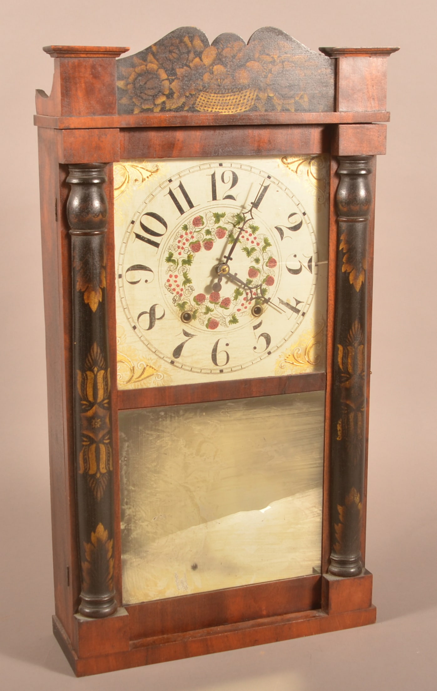 S. & E. Holman Mahogany Stencilled Case Shelf Clock.: S. & E. Holman Mahogany Stencilled Case Shelf Clock. Hartford Conn., circa 1830's. 29-3/4"h. x 16"w. x 5-1/4"d.