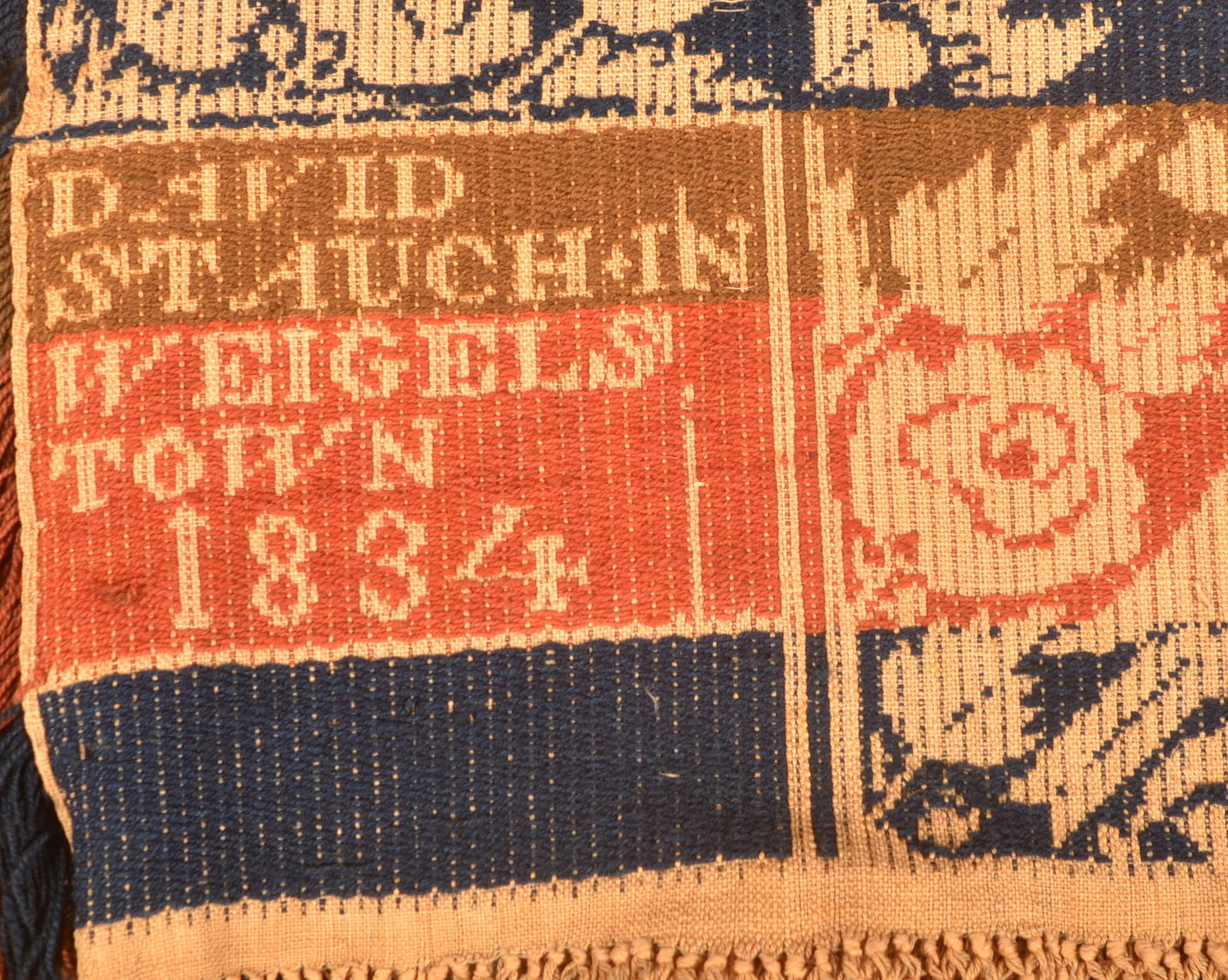 1834 York County, PA 2-Part Jacquard Coverlet.: 1834 York County, PA 2-Part, 4-Color Jacquard Coverlet. Signed "David Stauch in Weigelstown 1834". (Dover Township, York County, PA). 82" x 96''.