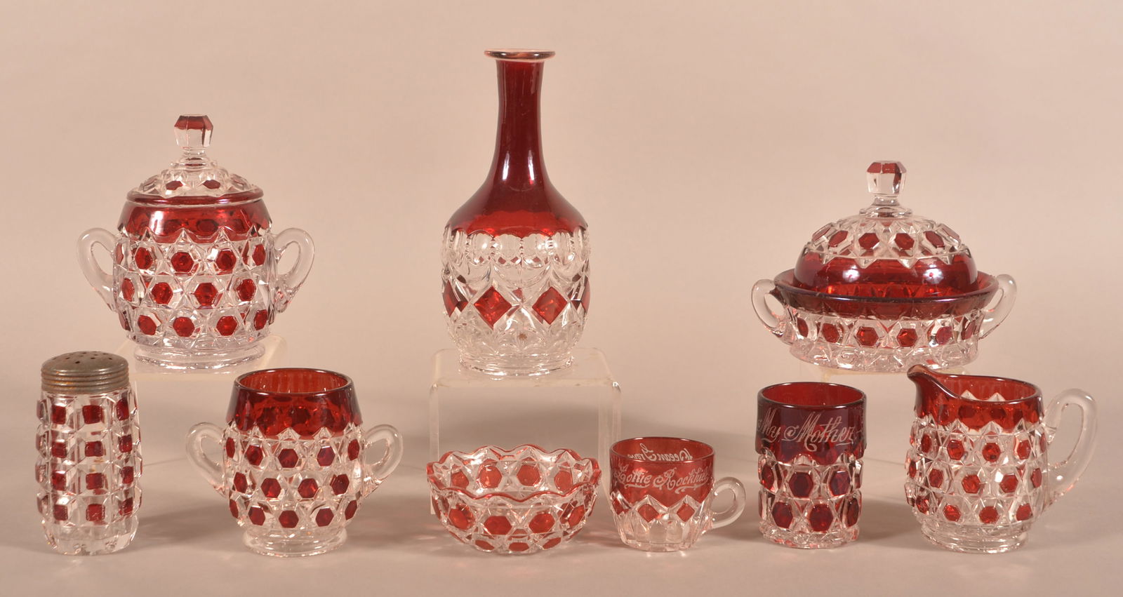 Lot of Cranberry Block-Flashed Glassware. (1 of 4)