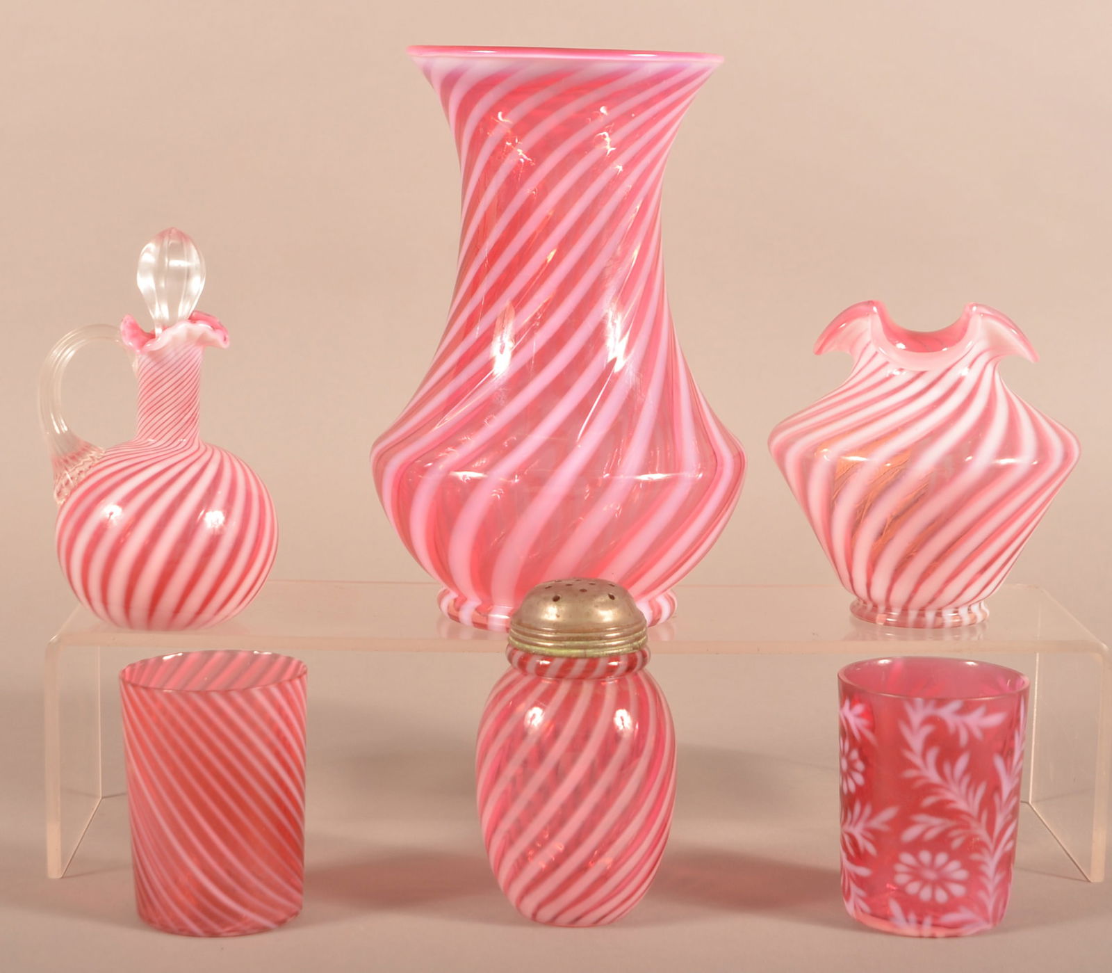 Six Pieces Of Victorian Cranberry Opalescent Glassware. Auction