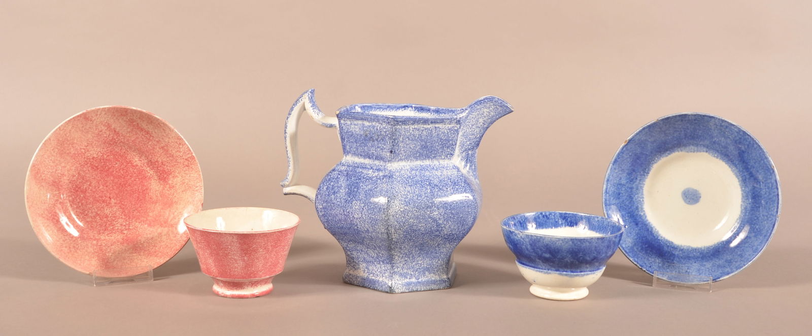 Spatterware China Pitcher and Two Cups and Saucers. (1 of 5)