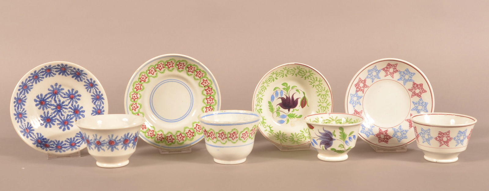 Four Antique Stick Spatter China Cups and Saucers. (1 of 3)