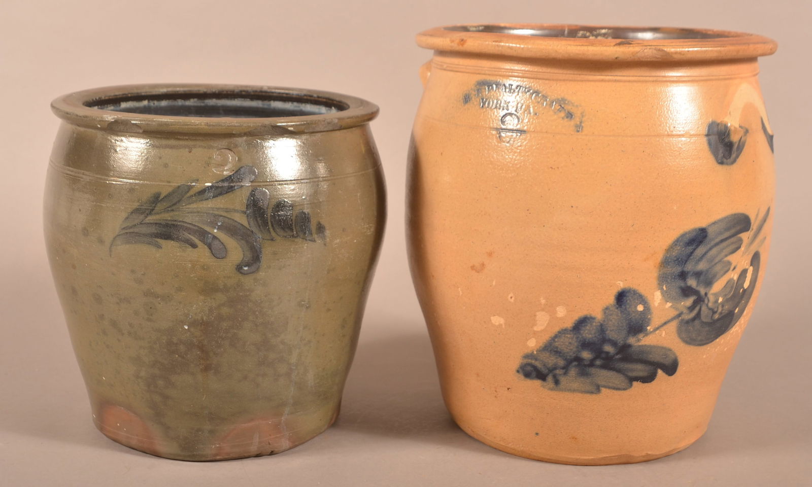 Two Floral Cobalt-Decorated Stoneware Crocks. (1 of 5)
