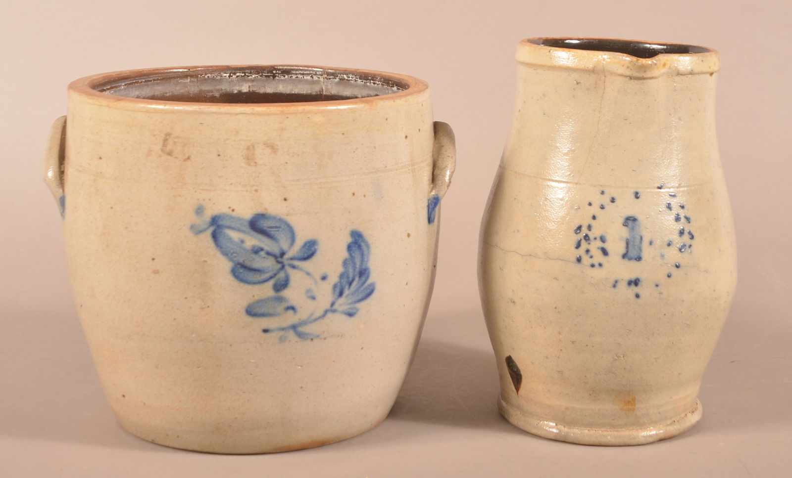Cobalt-Decorated Stoneware Crock and Pitcher. (1 of 5)