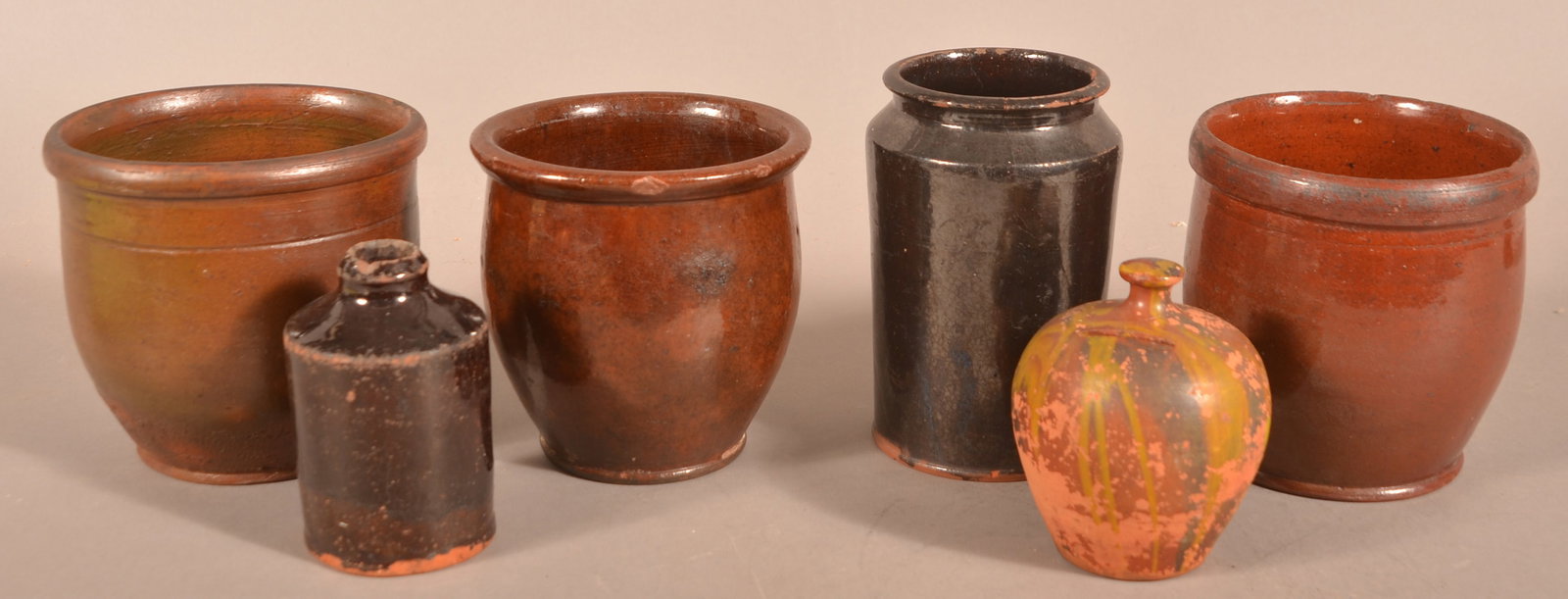 Lot of Antique Glazed Redware Vessels. (1 of 3)