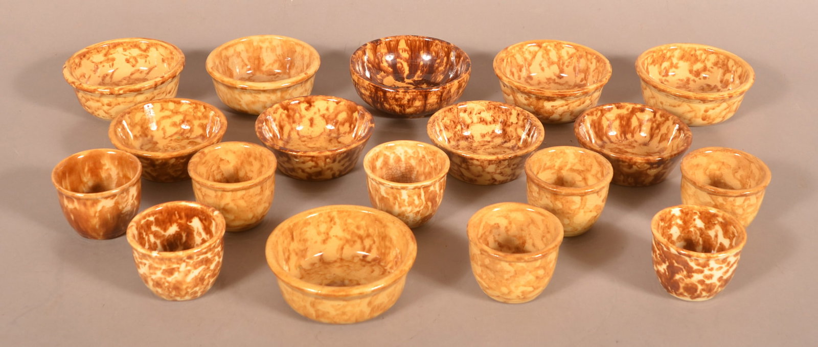 Antique Rockingham Glazed Yellowware Cups & Bowls. (1 of 1)