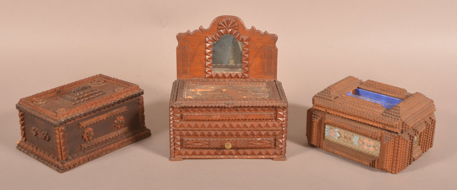 Three Antique Tramp Art Trinket Boxes. (1 of 10)