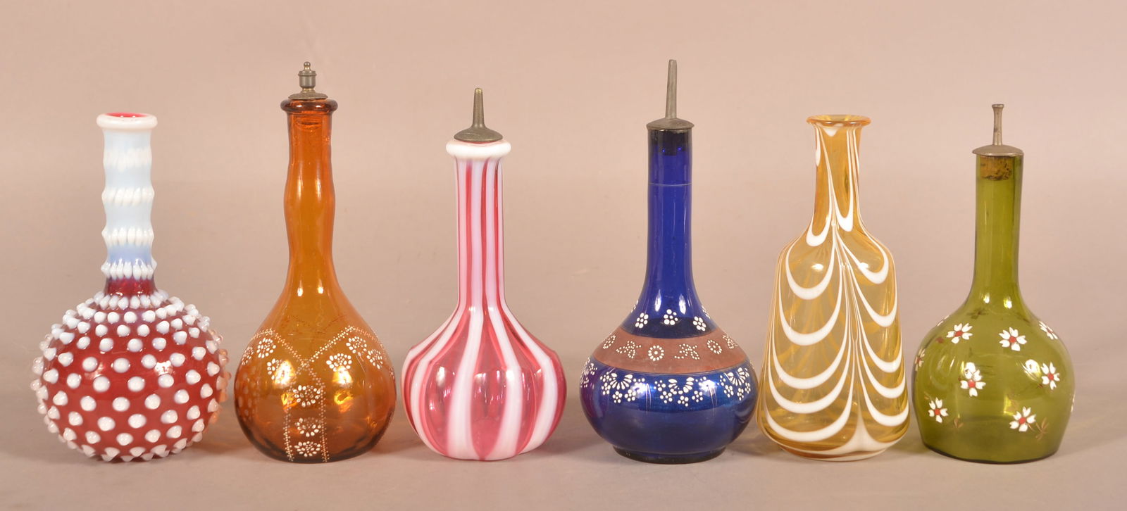 Six Various Antique Glass Barber Bottles. (1 of 3)
