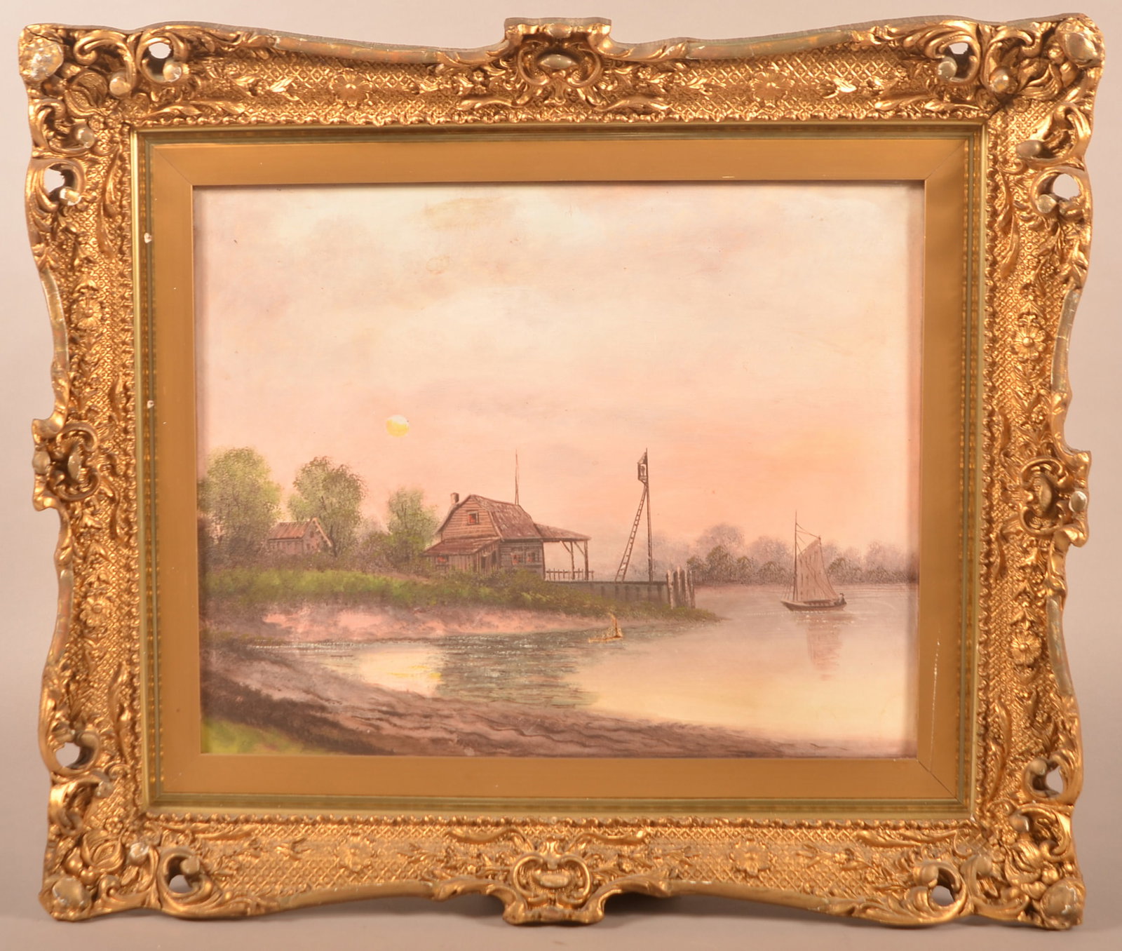 Unsigned Vintage Oil on Canvas Lake Scene. (1 of 4)