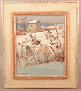 Arthur Meltzer Bucks County Winter Mill Scene.: Arthur Meltzer Bucks County Winter Mill Scene. (Pennsylvania, 1893 - 1989). Oil on Wove Paper, signed lower left. Inscribed on file card on verso in Meltzer's hand "Mill and Weeds". Identifies Masons