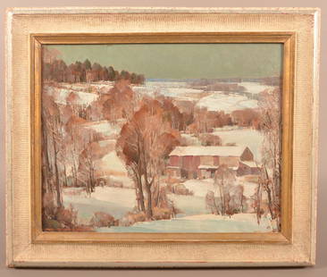 Arthur Meltzer Winter Landscape Scene.: Arthur Meltzer Winter Landscape Scene. (Pennsylvania, 1893 - 1989). Oil on Masonite, signed lower left. Inscribed on file card on verso in Meltzer's hand "Barn in the Valley". Identifies a farm near N