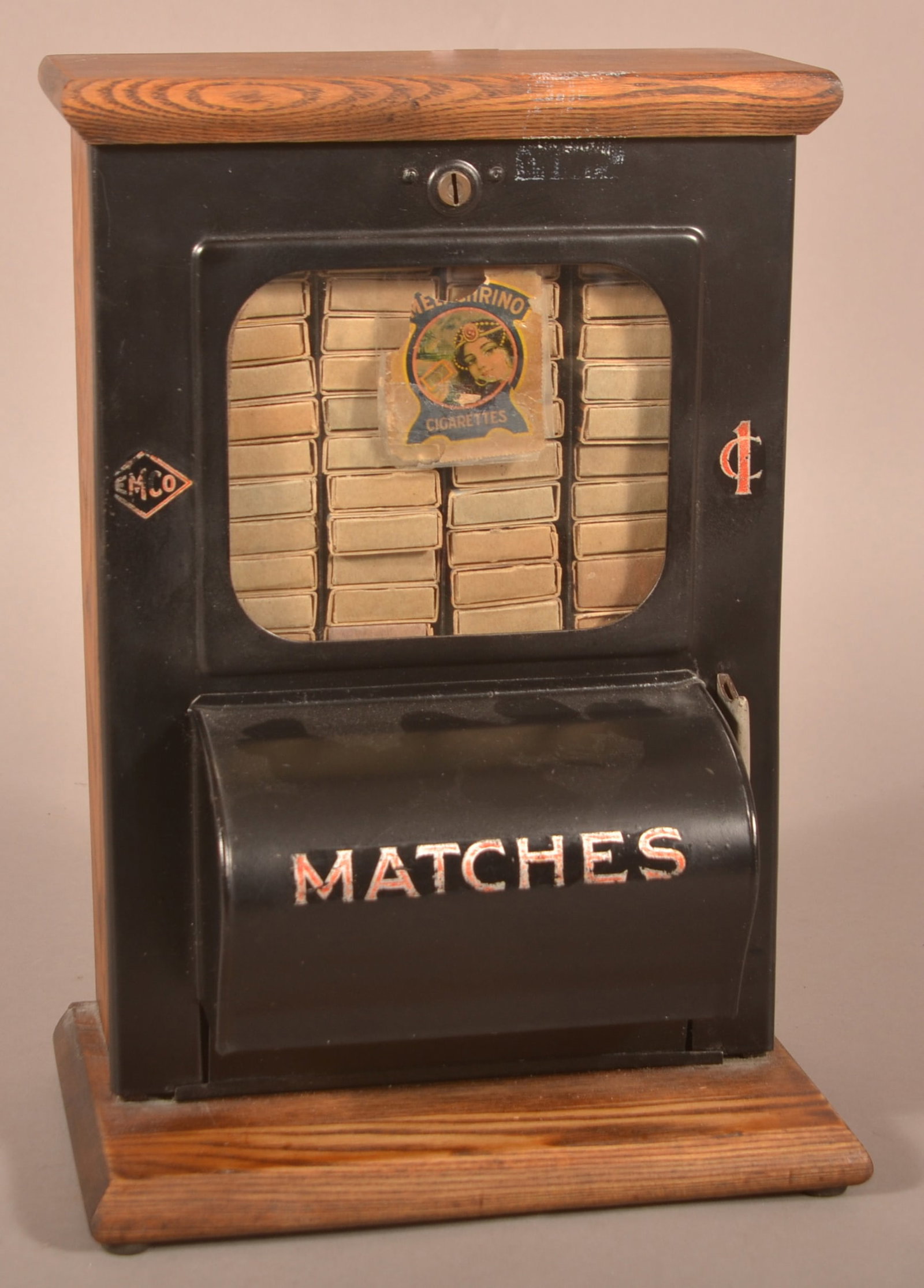 Antique EMCO 1 Cent Oak Case Match Dispenser. (1 of 5)