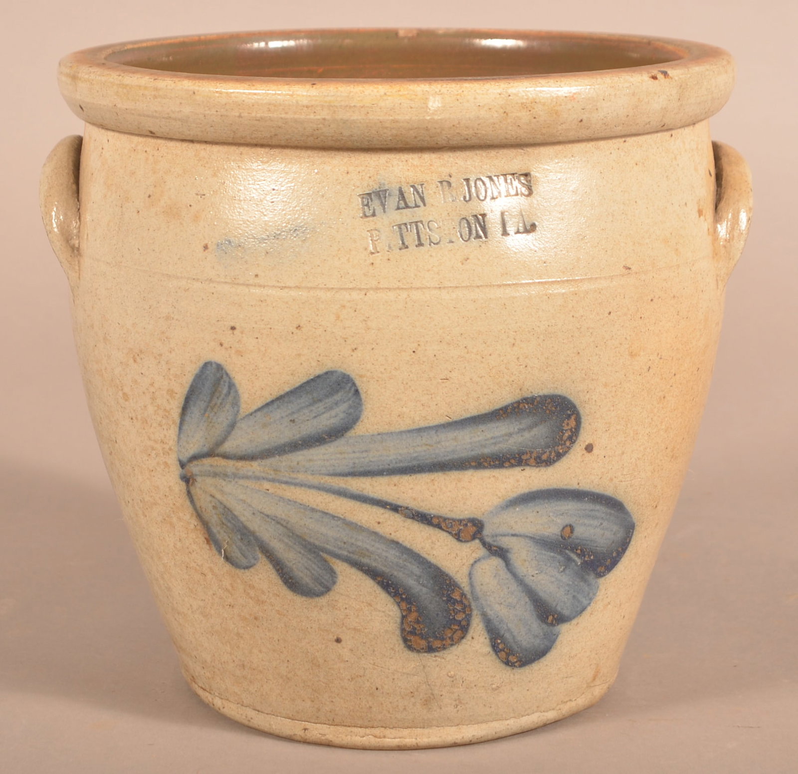 Evan R. Jones, Pittston, PA Stoneware Crock.: Evan R. Jones, Pittston, PA 1-Gallon Stoneware Crock. With cobalt tulip slip decoration. 8-1/4"h.