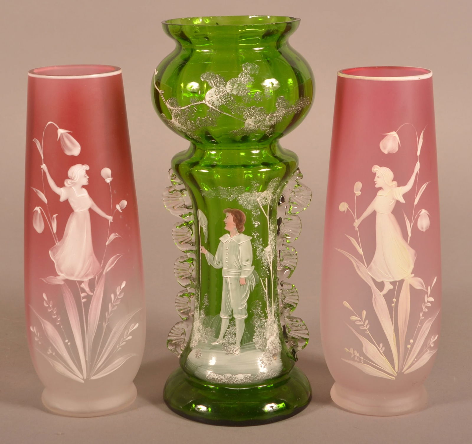 Three Mary Gregory-Type Victorian Glass Vases. (1 of 5)
