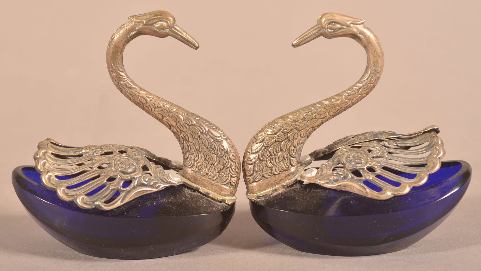 Pair of Silver Mounted Cobalt Glass Swan Salts. (1 of 5)