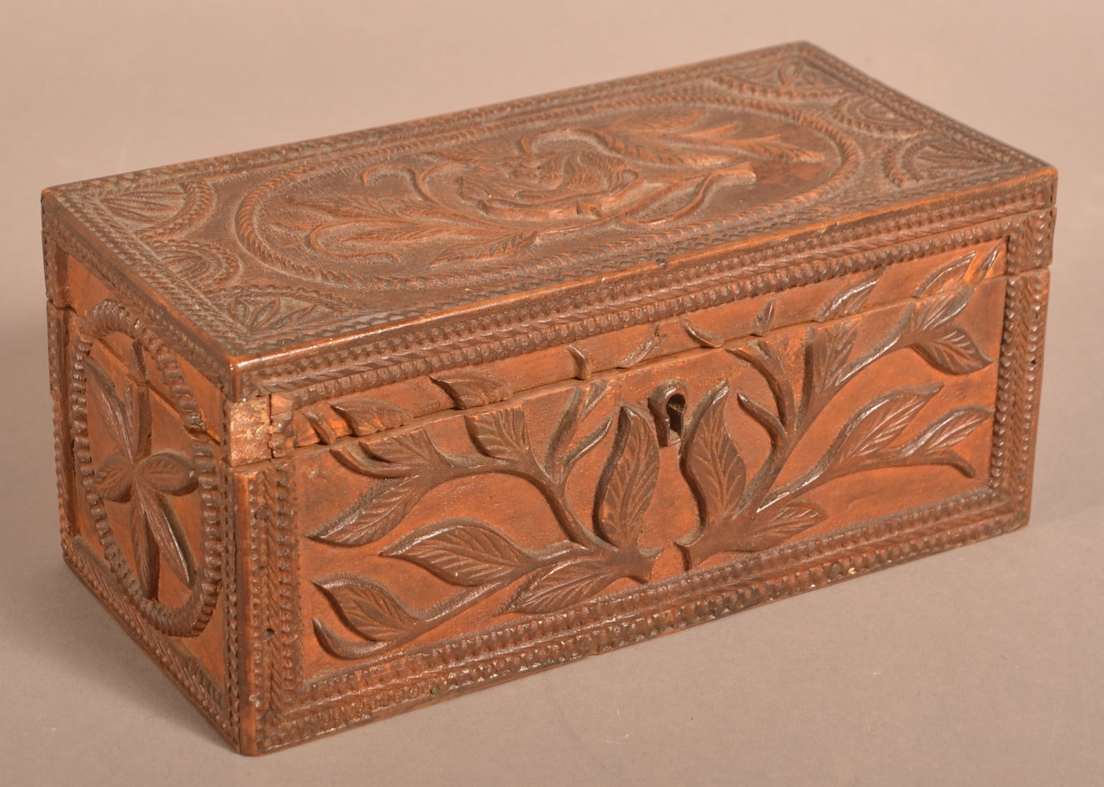 Antique Relief-Carved, Hinged-Lid Trinket Box.: Antique Relief-Carved, Hinged-Lid Trinket Box. 9-3/4"w.