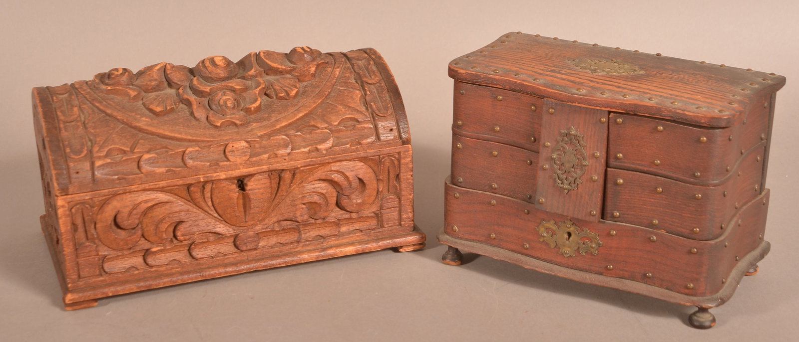 Two Miniature Wood Chests.: Two Miniature Wood Chests. Oak compartmented sewing box, 6-1/4"h., and a carved softwood domed-lid trinket box, 5-1/2"h.
