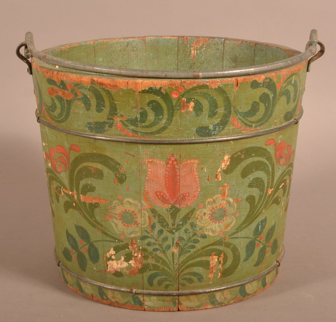 Polychrome Floral & Foliate-Decorated Wood Pail. (1 of 4)