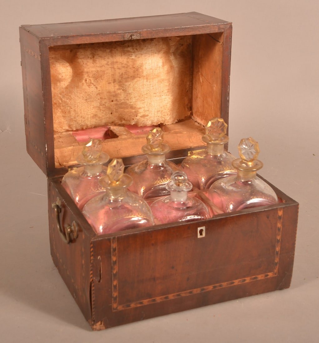 English Federal Inlaid Mahogany Decanter Case.: English Federal Inlaid Mahogany Decanter Case. One bottle is undersized. 9-1/2"h. x 10-1/2"w. x 7-1/2"d.