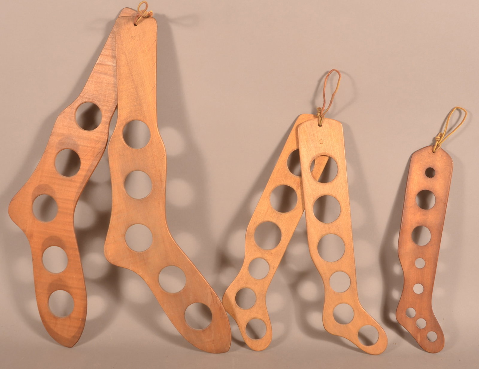 Lot of Shaker-Type Maple Stocking Dryers.: Lot of Shaker-Type Maple Stocking Dryers. Largest, 24"l.