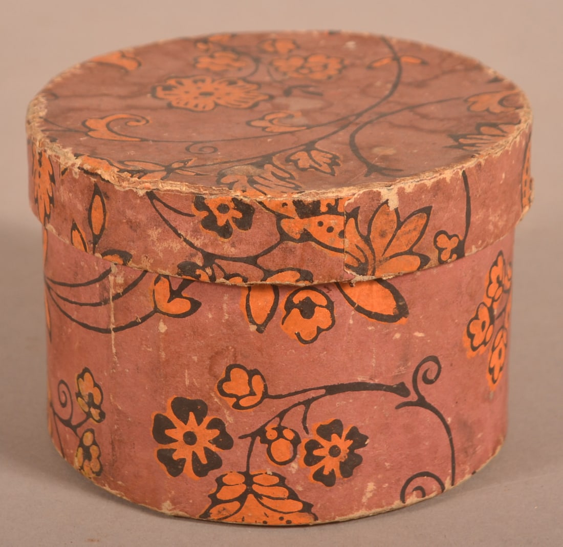 Early 19th C. Wallpaper Covered Trinket Box. (1 of 5)