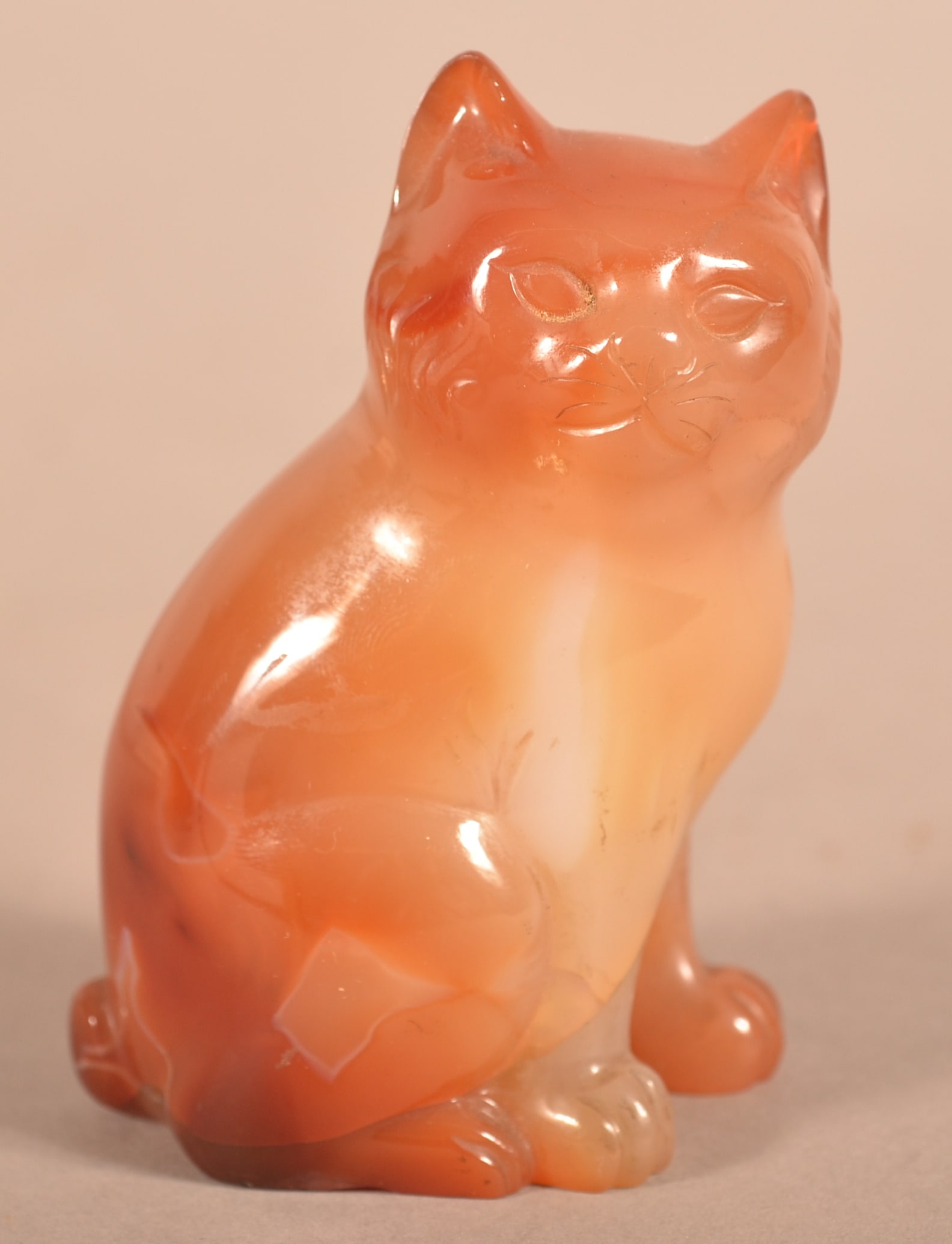 Antique/Vintage Carnelian Figure of a Seated Cat.: Antique/Vintage Carved Carnelian Figure of a Seated Cat. Probably Chinese. 3-1/2"h.