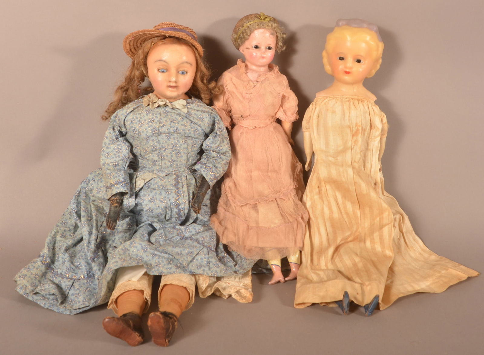 Three Antique Paraffin Head Girl Dolls. (1 of 4)