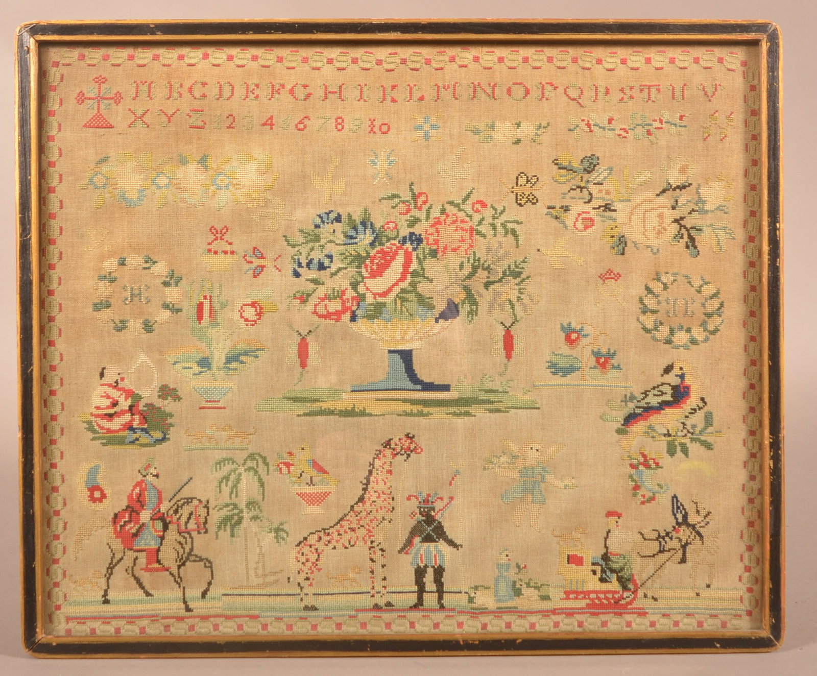 Unusual 19th C. Pictorial Sampler with Giraffe. (1 of 7)