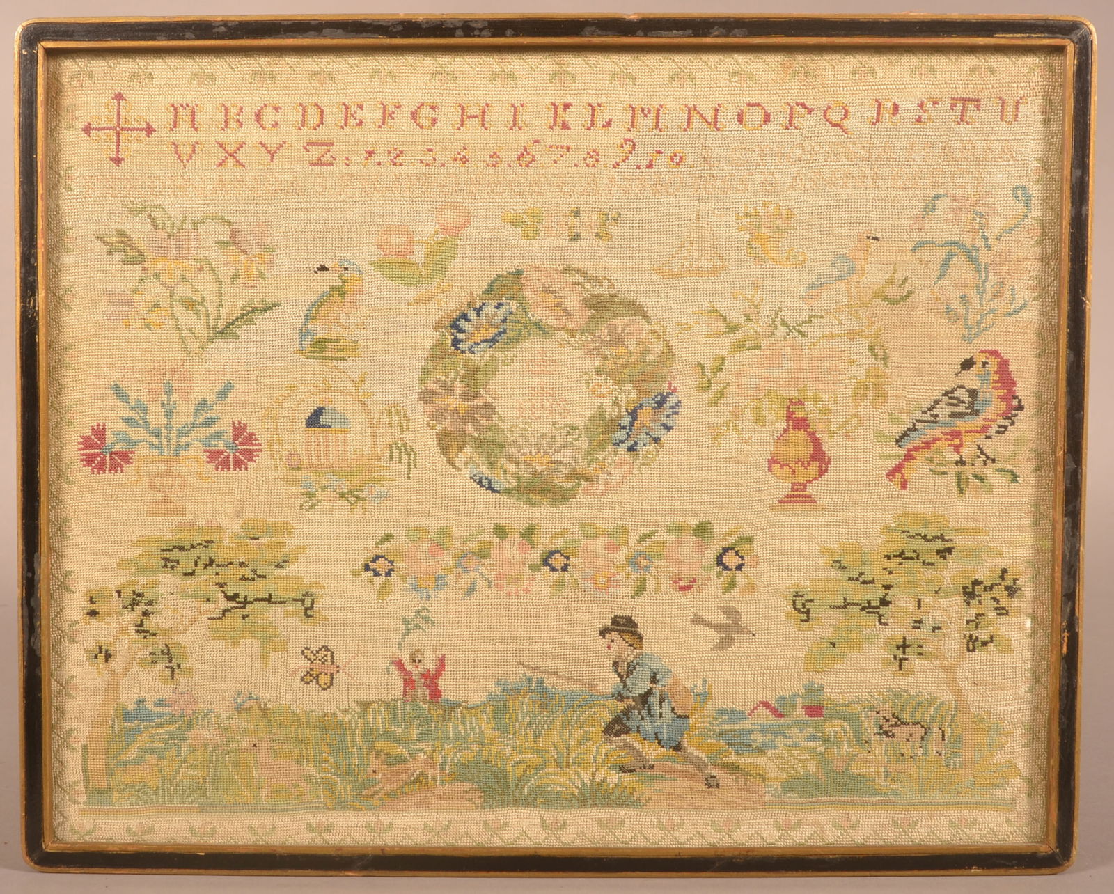 19th C. Hunt Scene Pictorial Needlework Sampler. (1 of 10)
