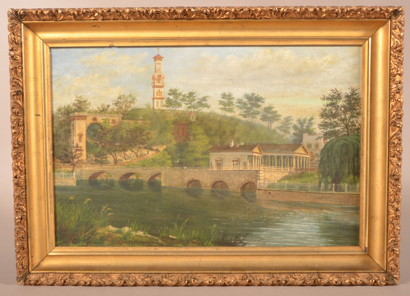 L.C. Janssen Oil on Canvas.: L.C. Janssen Oil on Canvas. Depicting Fairmount Reservoir, Phila., PA. Signed and dated 1909 lower left and on verso. In a period, gilt-molded frame. 15-3/4" x 21-3/4" overall.