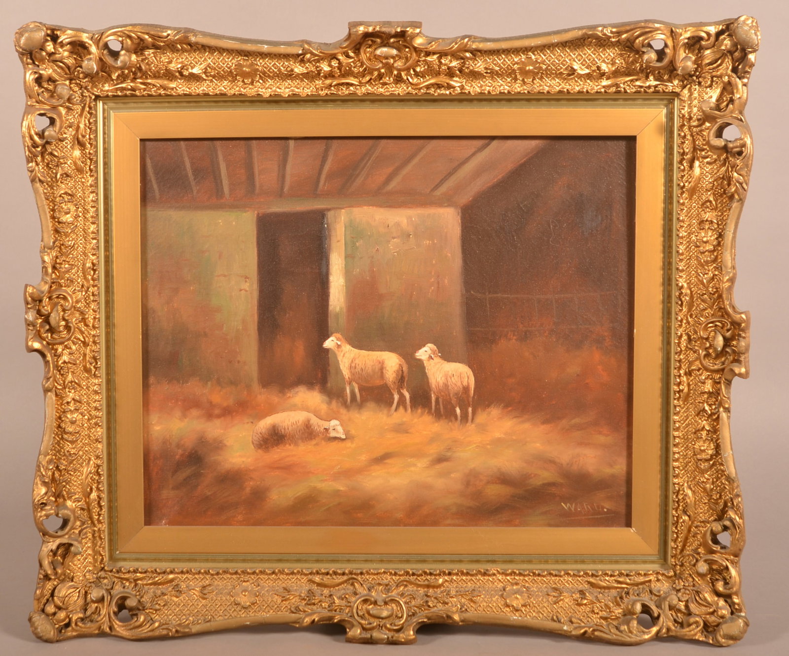 Antique Oil on Canvas Sheep in Stable Painting.: Antique Oil on Canvas Sheep in Stable Painting. Signed "Ward" lower right. Depicts 3 sheep in a stable. In a period, gilt frame. 24" x 28" overall.