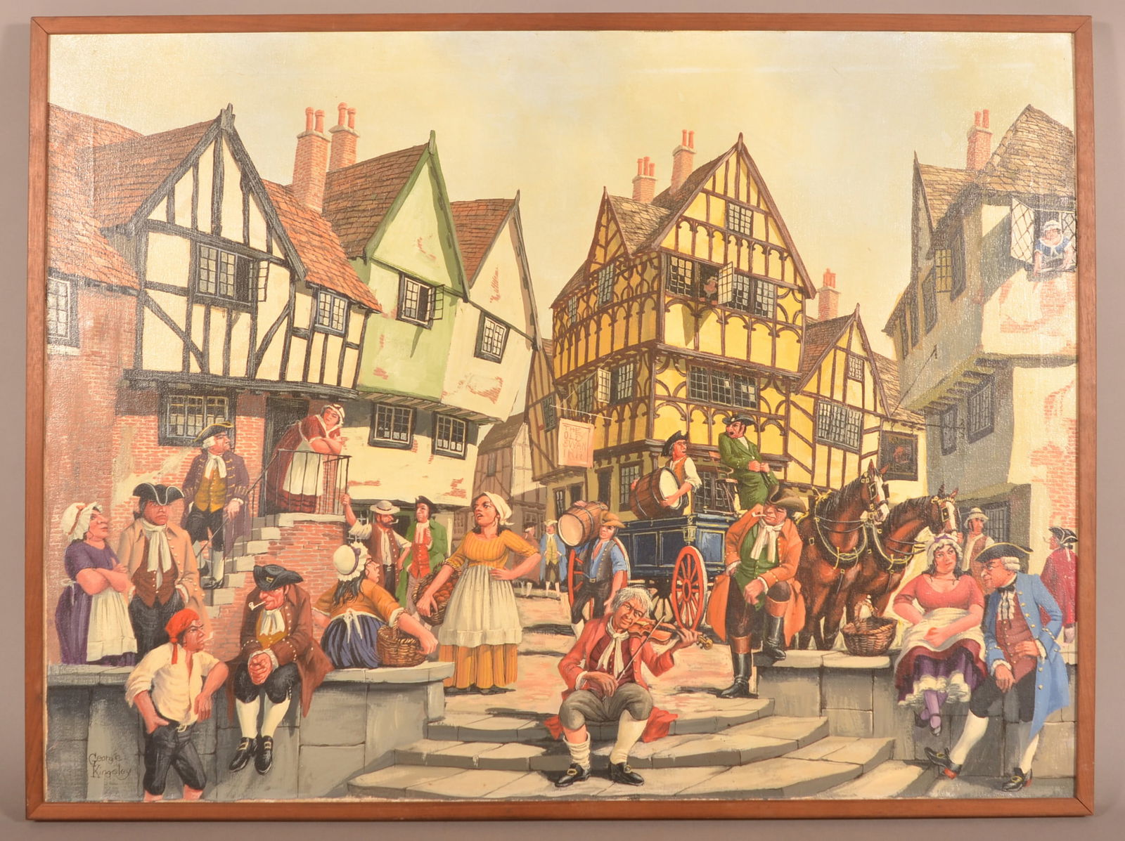 G. Kingsley Oil on Canvas Village Scene Painting. (1 of 3)