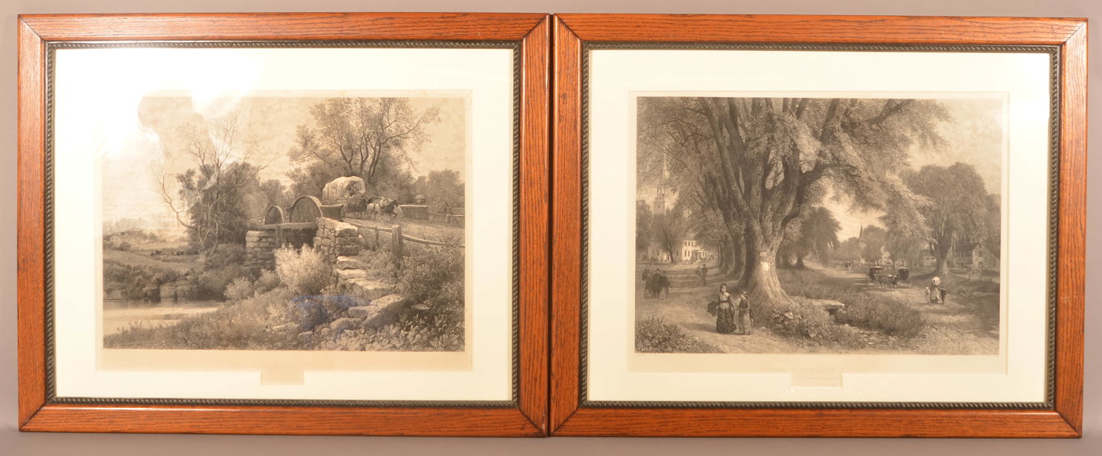 Two 19th C. American A. F. Bellows Engravings.: Pair of Framed 19th C. American A. F. Bellows Engravings. (Albert Fitch Bellows, NY/Mass., 1829-1883). 1) "The Old Mill Stream", engraved by James Duthie after Bellows and printed by Wm. Pate & Co. 2)