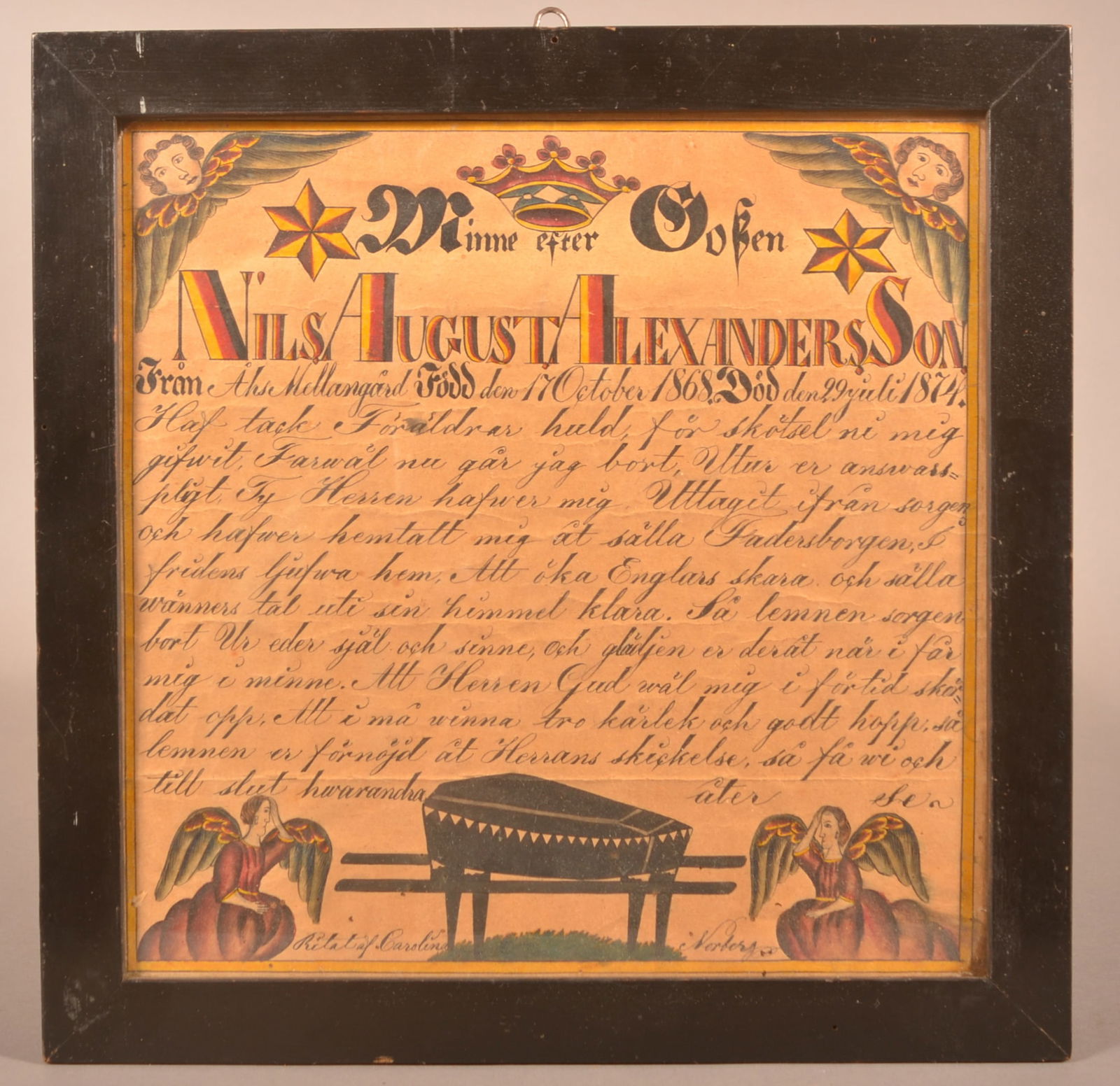 Mourning Fraktur for Todd Alexander 1874. (1 of 3)