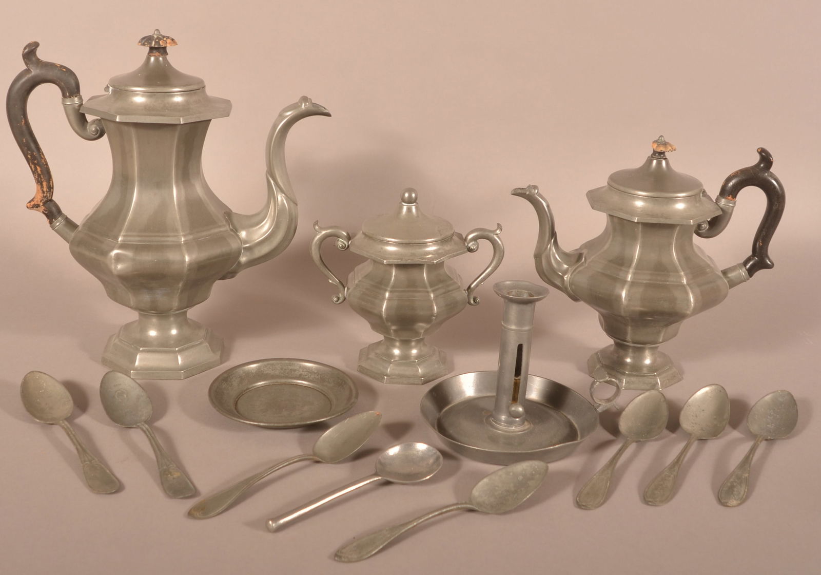 Lot of Antique Pewter.: Lot of Antique Pewter. Including Reed and Barton Brittania period hollowwares. Tallest, 13"h.