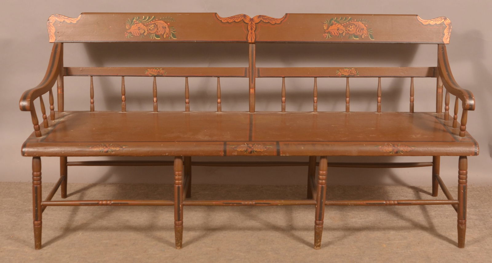 Paint-Decorated 1/2 Spindle, Plank Seat Settee. (1 of 6)