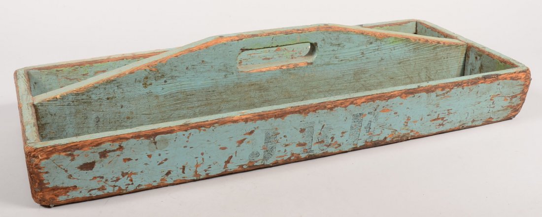 Painted Wood Tool Carrying Tray. Sides slightly spla: Painted Wood Tool Carrying Tray. Sides slightly splayed with butt joints and a raised center board with oblong hand hole. Painted robin's egg blue on plywood with black stenciled initials: "J. R. E." 